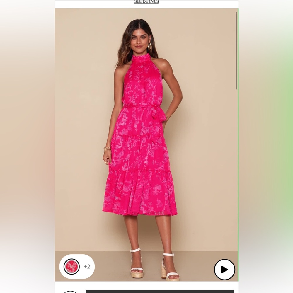 Lulu’s Float to You Hot Pink Floral Print Halter-Neck Tiered Midi Dress